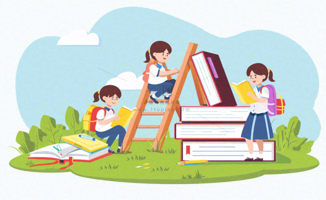 学生们在书本知识里学习阅读遨游阶梯世界读书日卡通插画背景