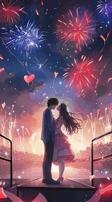 浪漫情人节爱心爱情夜晚烟花，跳舞插画