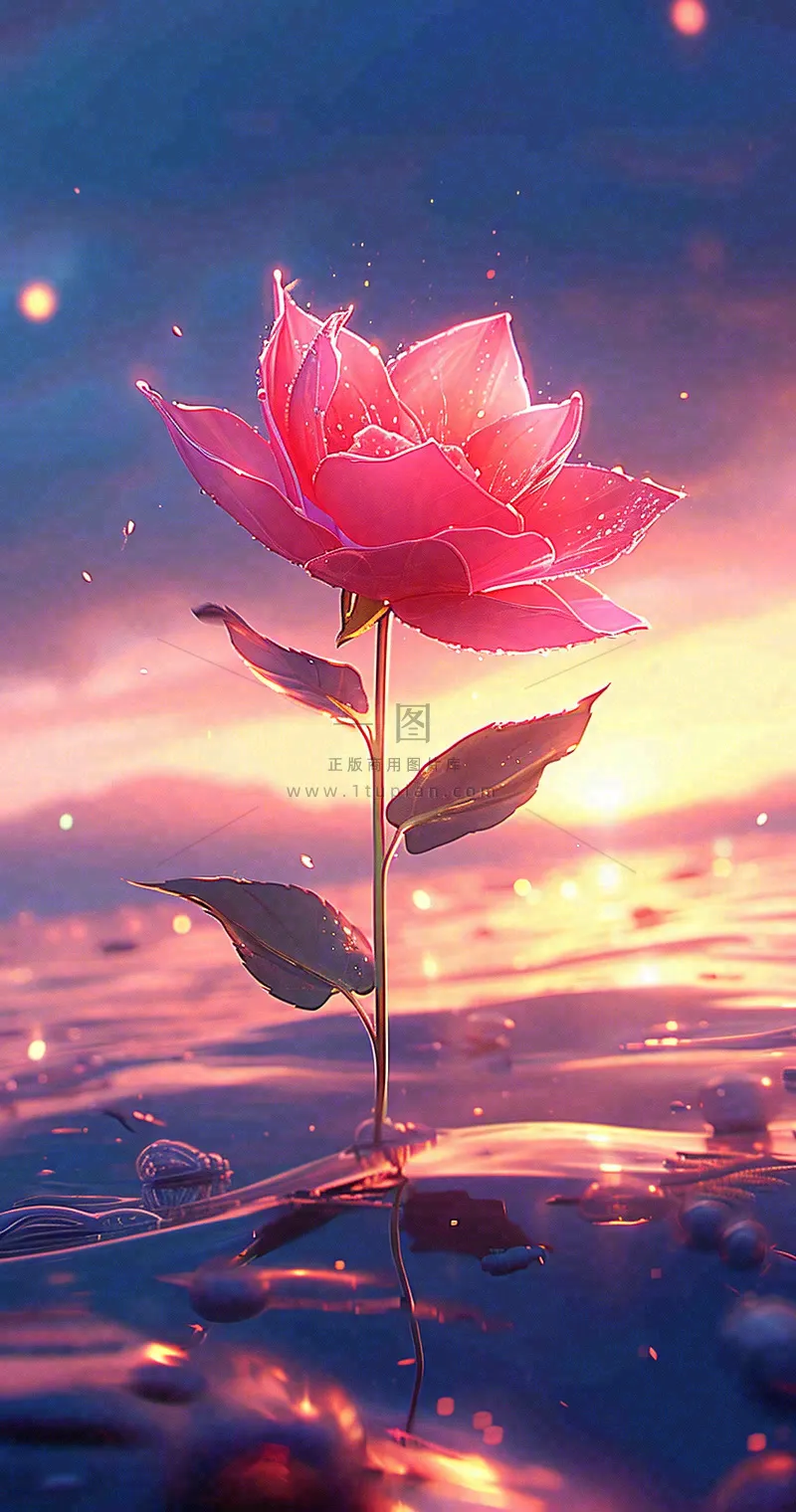 海平面上渐变落日前的一支粉色玫瑰花鲜花花朵,鲜艳爱情