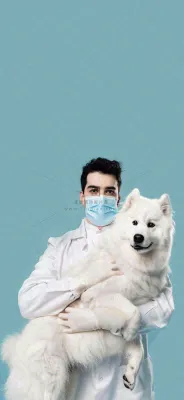 萌宠宠物医院医生抱着狗狗摄影图背景