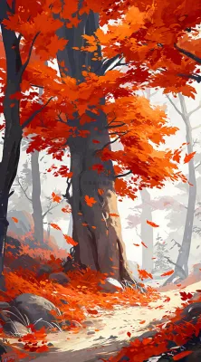 秋天红色秋叶树落叶温馨自然风景，立秋手绘插画