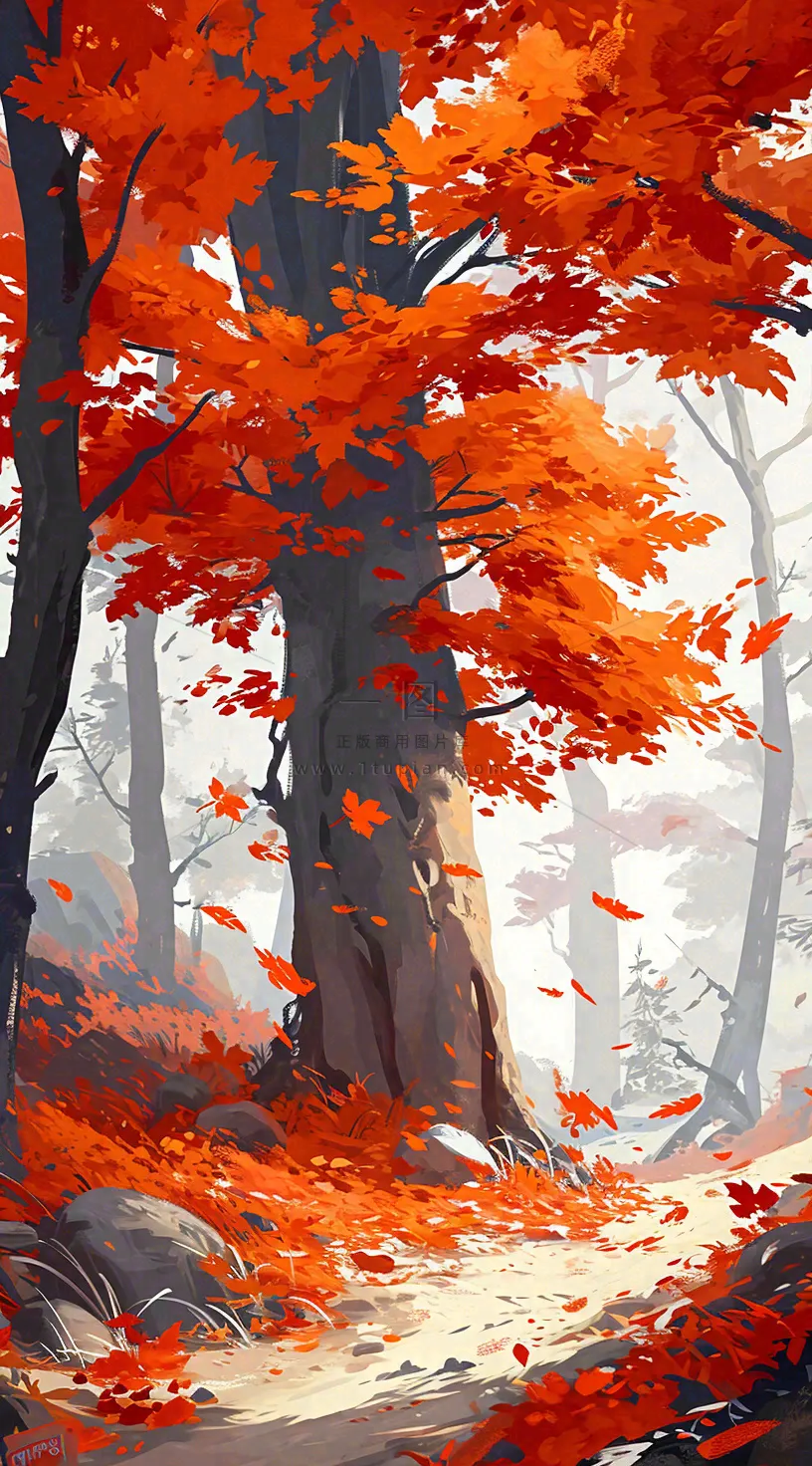 秋天红色秋叶树落叶温馨自然风景,立秋手绘插画