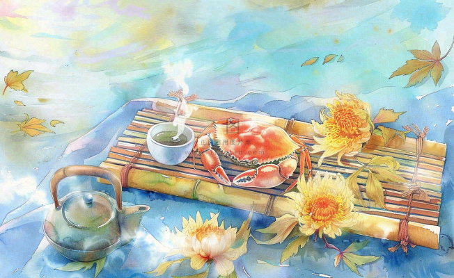 金秋螃蟹红枫叶茶壶水面涟漪中秋重阳秋分寒露水墨水彩插画背景 金秋螃蟹红枫叶茶壶水面涟漪中秋重阳秋分寒露水墨水彩插画背景