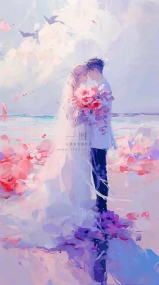 海边爱情情侣浪漫拥抱接吻，情人节婚纱照手绘插画