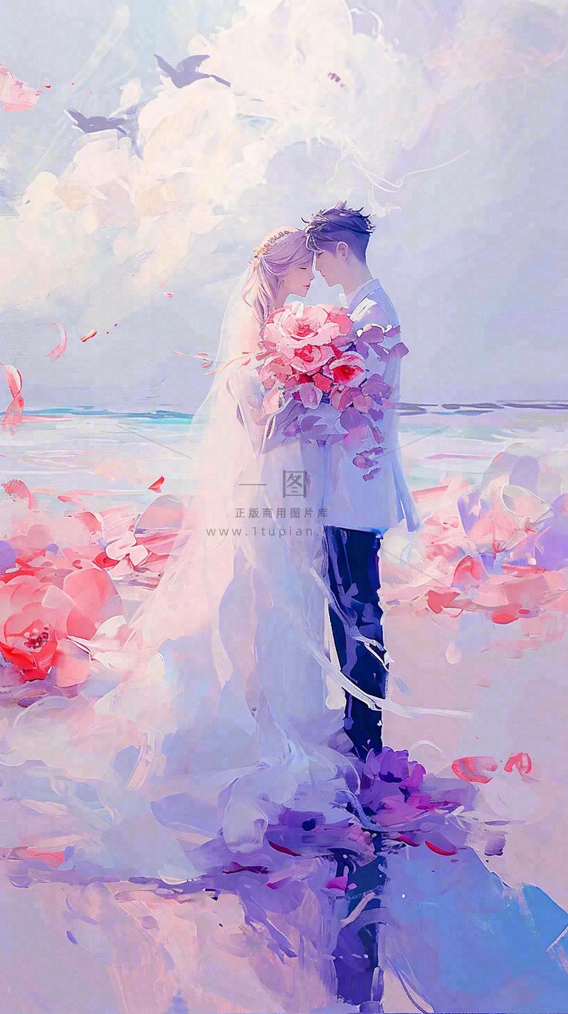 海边爱情情侣浪漫拥抱接吻,情人节婚纱照手绘插画