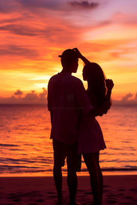 夕阳落日海边的情侣拍照唯美晚霞摄影图