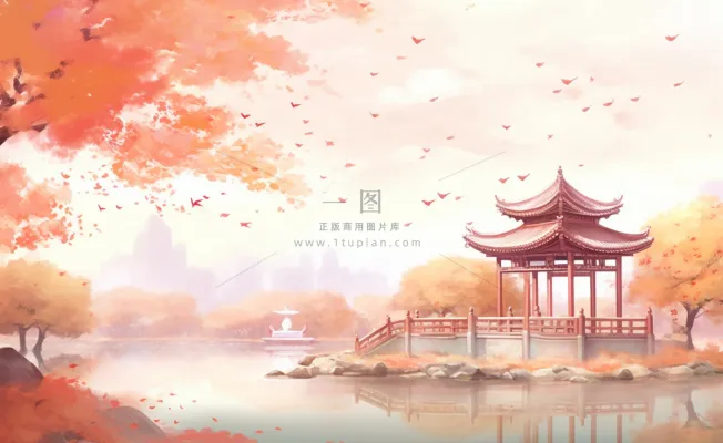 秋季枫叶晚亭山水湖面倒影美景中国风水墨画插画背景 秋季枫叶晚亭山水湖面倒影美景中国风水墨画插画背景