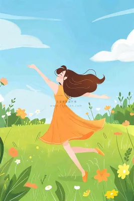 蓝天白云草坪翩翩起舞的小女孩儿童节卡通插画背景 蓝天白云草坪翩翩起舞的小女孩儿童节卡通插画背景