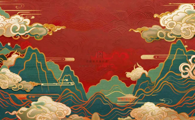 红色国潮风山川祥云喜庆元旦插画背景