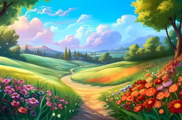 风景背景日晒大师风格宁静的田园风光插画背景 风景背景日晒大师风格宁静的田园风光插画背景