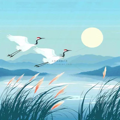 白鹭齐飞天水一色山水画芦苇荡清冷白露寒露插画背景