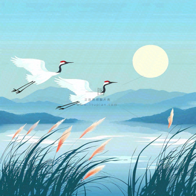 白鹭齐飞天水一色山水画芦苇荡清冷白露寒露插画背景 白鹭齐飞天水一色山水画芦苇荡清冷白露寒露插画背景