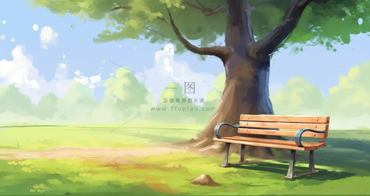 春天草坪大树下的椅子春季生长绿色卡通插画背景