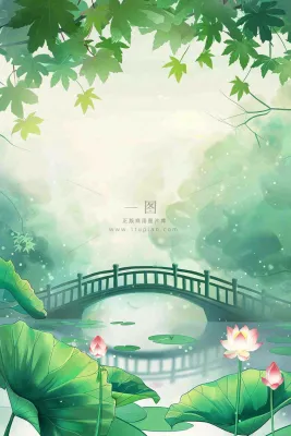 春夏绿意风景小清新荷花池塘拱桥绿荫阳光惊蛰春分立夏夏至水彩插画背景 春夏绿意风景小清新荷花池塘拱桥绿荫阳光惊蛰春分立夏夏至水彩插画背景