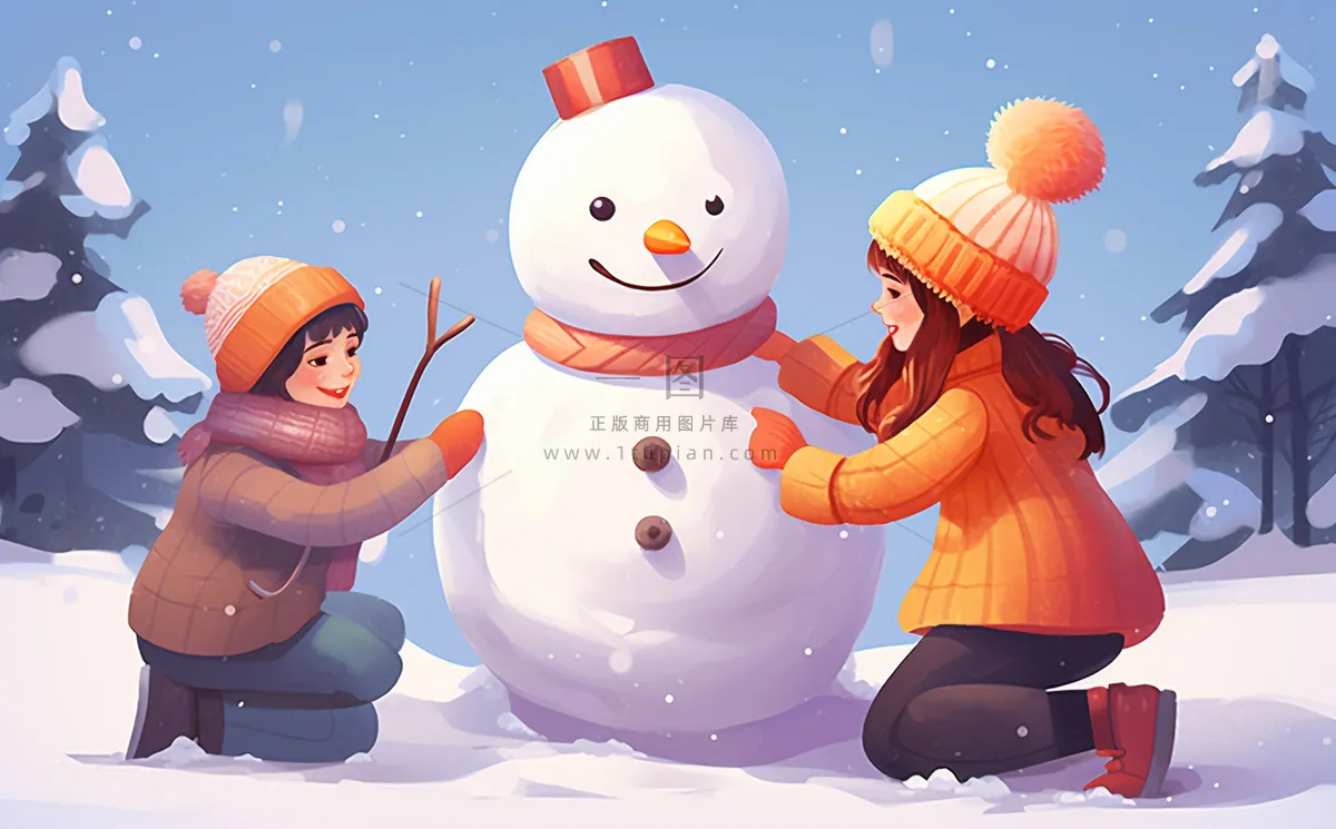 冬季下雪堆雪人孩子们儿童卡通插画背景