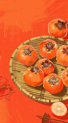 成熟的柿子水果红色背景插画霜降背景
