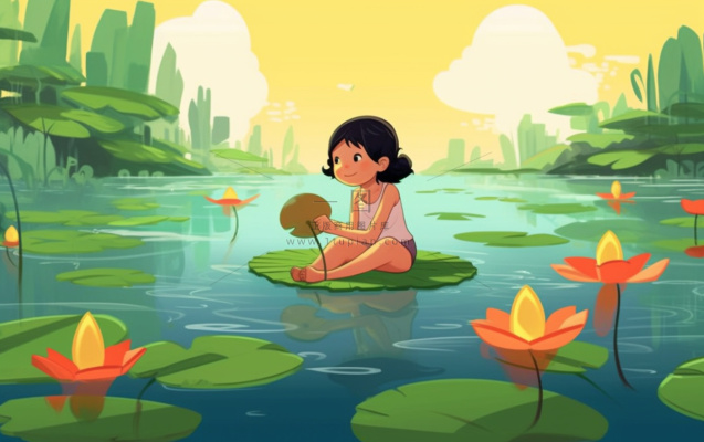 湖泊坐着睡莲上的人碧蓝插画背景 湖泊坐着睡莲上的人碧蓝插画背景