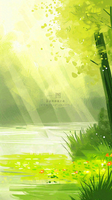 夏日森林丛林阳光绿色河面草丛树木手绘插画，夏至小暑大暑