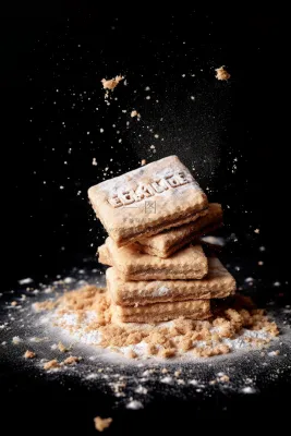 饼干碎屑四处飞溅黑色背景甜点摄影图