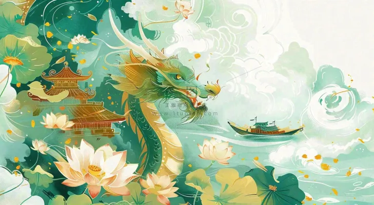 中国龙龙舟绿色创意插画端午节背景 中国龙龙舟绿色创意插画端午节背景