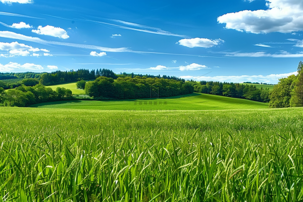 春天草原草坪蓝天白云摄影图