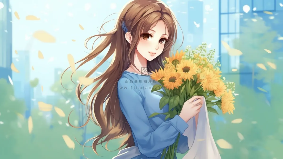 金发少女手捧向日葵花瓣卡通插画素材