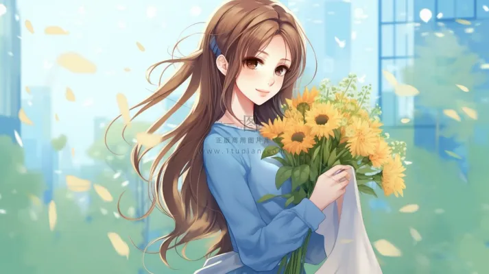 金发少女手捧向日葵花瓣卡通插画素材