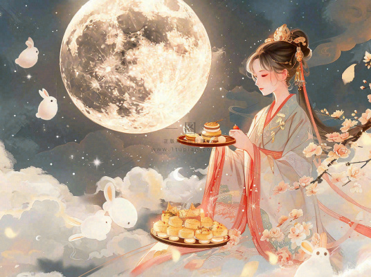 中秋节嫦娥玉兔月下嫦娥手捧月饼插图卡通唯美手绘可爱古风插画壁纸背景