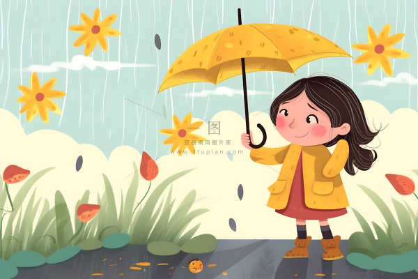 春天下雨天小女孩拿着雨伞在森林里漫步绿色黄色手绘插画海报素材背景