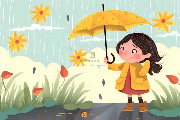 春天下雨天小女孩拿着雨伞在森林里漫步绿色黄色手绘插画海报素材背景