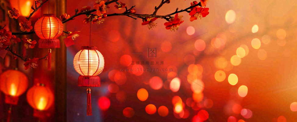 春节梅花红灯笼挂枝头红色喜庆小年除夕夜元宵节背景