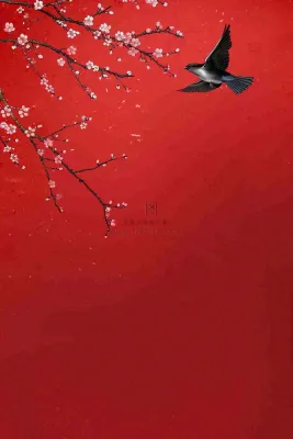 红色墙背景梅花红花鸟情人节七夕小年新年除夕背景
