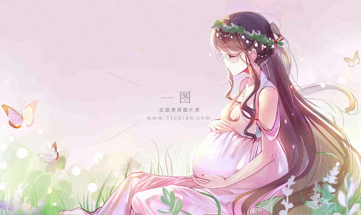 草丛鲜花里的孕妈妈唯美场景母爱母亲节粉色插画背景
