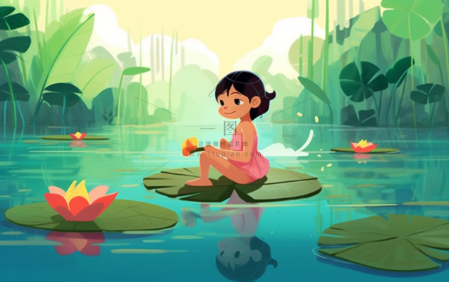 湖泊坐着睡莲上的人碧蓝插画背景 湖泊坐着睡莲上的人碧蓝插画背景