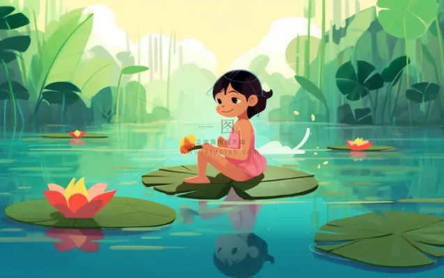 湖泊坐着睡莲上的人碧蓝插画背景 湖泊坐着睡莲上的人碧蓝插画背景