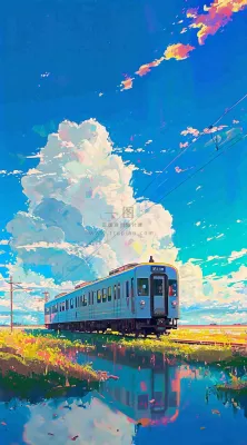 蓝天白云下草地河流高铁火车铁路手绘插画