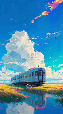 蓝天白云下草地河流高铁火车铁路手绘插画 蓝天白云下草地河流高铁火车铁路手绘插画