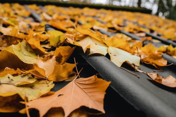 秋季屋檐上的落叶黄叶摄影图