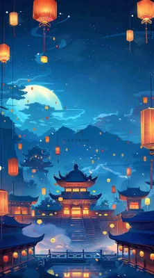 夜晚点灯孔明灯祈福中元节寒衣节插画背景 夜晚点灯孔明灯祈福中元节寒衣节插画背景