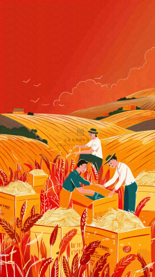 红色插画土地收成粮食农民辛勤劳作劳动节卡通插画背景