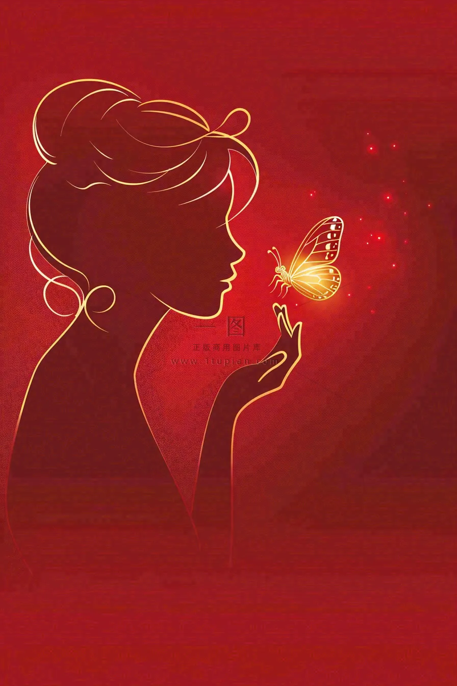 红色金线剪影女生节妇女节唯美插画背景