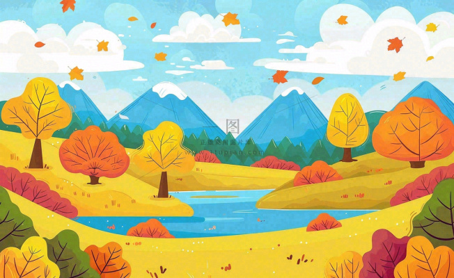 秋天金黄的森林山坡树木落叶蓝天白云立秋秋分处暑卡通插画背景 秋天金黄的森林山坡树木落叶蓝天白云立秋秋分处暑卡通插画背景