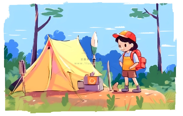 户外野外森林草原露营人们卡通插画背景 户外野外森林草原露营人们卡通插画背景