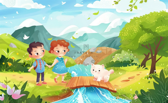 春天出游踏青森林公园小溪小桥樱花小孩宠物立春春分惊蛰绿色卡通插画背景