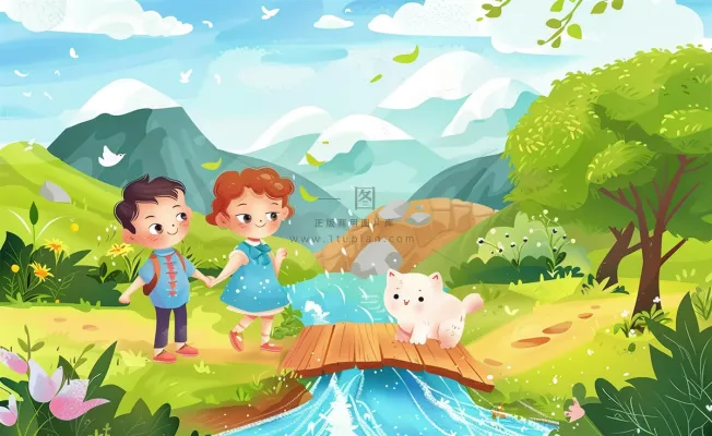 春天出游踏青森林公园小溪小桥樱花小孩宠物立春春分惊蛰绿色卡通插画背景