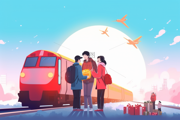中国传统节日春节除夕春运赶火车回家团聚的人物插画海报背景