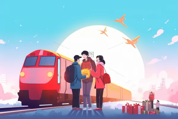 中国传统节日春节除夕春运赶火车回家团聚的人物插画海报背景