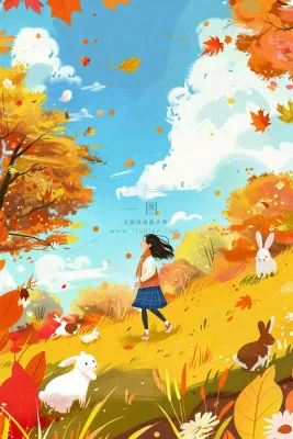秋天秋意浓森林公园女孩白兔金黄树木草丛蓝天白云立秋秋分卡通插画背景