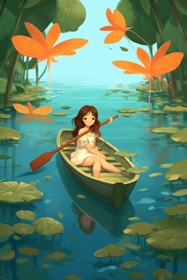 夏日女孩在荷叶睡莲湖面划船观赏卡通插画素材背景