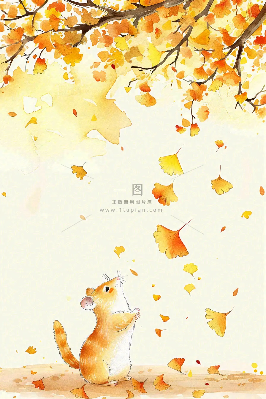 秋天银杏树下的松树秋意金黄色立秋秋分白露唯美插画背景